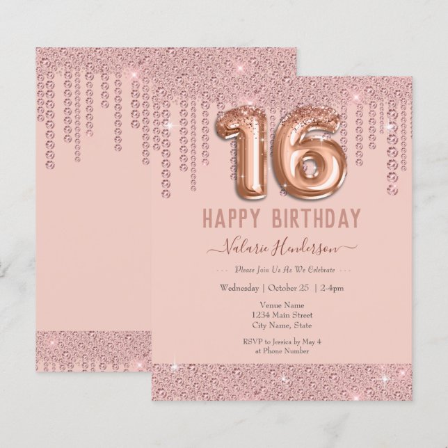 Papier Joyeux 16e anniversaire avec des gouttes de diaman (Devant / Derrière)