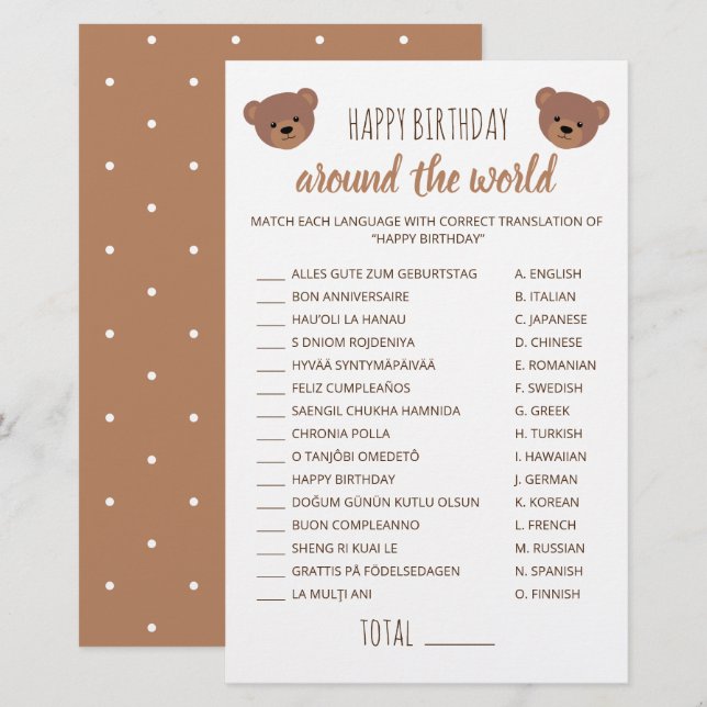 Papier Joyeux Anniversaire Dans Le Monde Jeu Teddy Bear (Devant / Derrière)