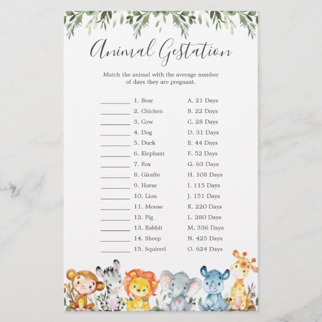 Papier Jungle Animaux Baby shower Animal Gestation Jeu (Devant)