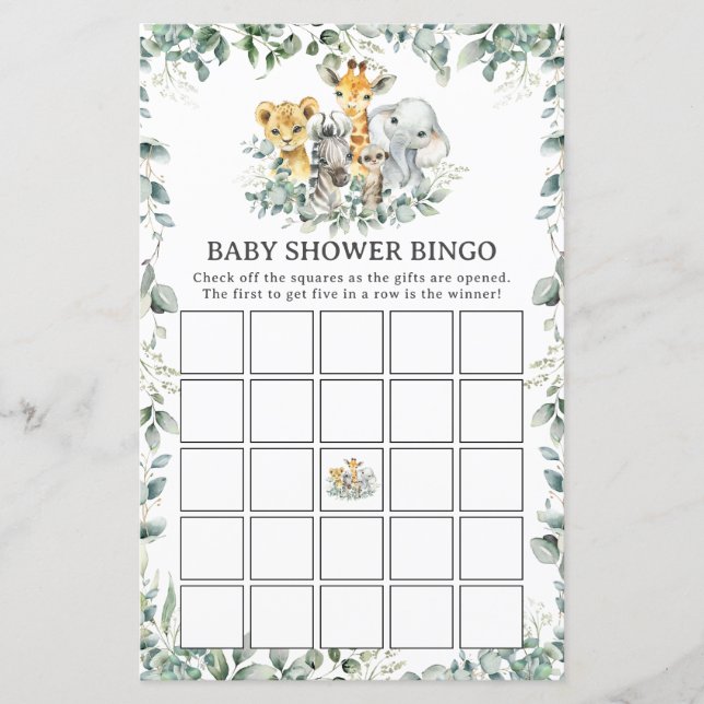 Papier Jungle Animaux Baby shower de verdure Bingo Jeu (Devant)