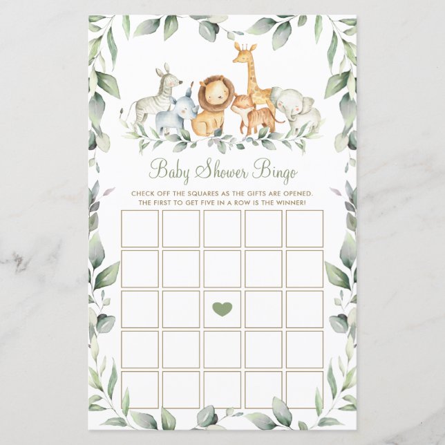 Papier Jungle Animaux Baby shower de verdure Bingo Jeu (Devant)