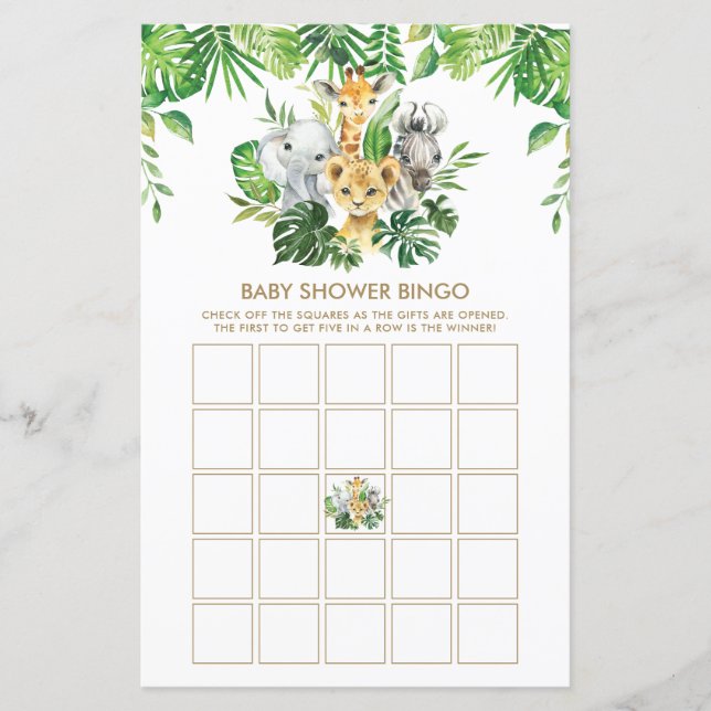 Papier Jungle Animaux Baby shower de verdure Bingo Jeu (Devant)