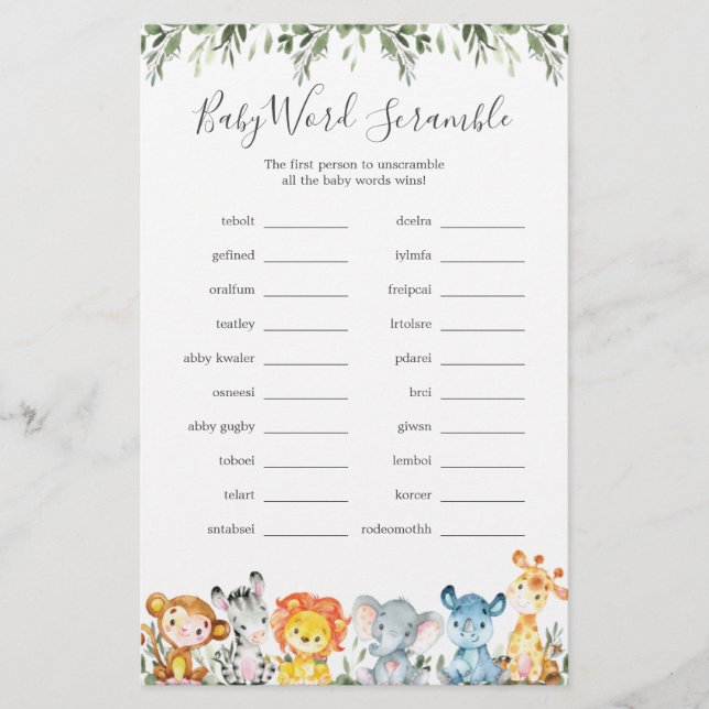 Papier Jungle Animaux Baby shower Word Scramble Jeu (Devant)
