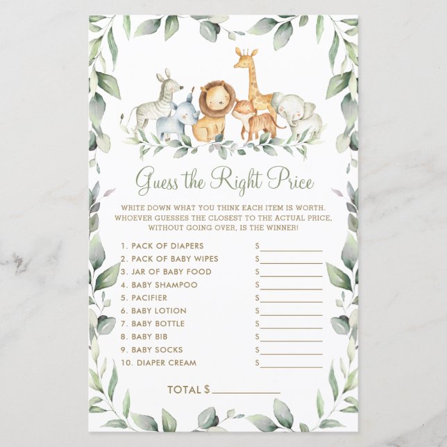 Papier Jungle devine le bon prix jeu Baby shower (Devant)