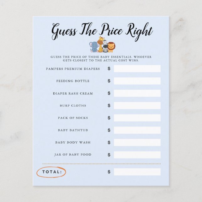 Papier Jungle Wild Un Baby shower Jeu Devinez Le Prix (Devant)