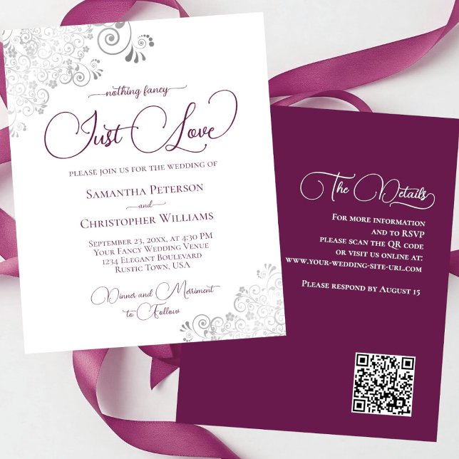Papier Just Love Magenta QR Code BUDGET Mariage Inviter (front/back)