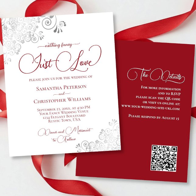 Papier Just Love Red Silver QR Code BUDGET Mariage Invite (front/back)
