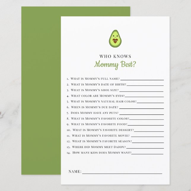 Papier Kawaii Avocado Baby shower Jeu qui connaît maman (Devant / Derrière)