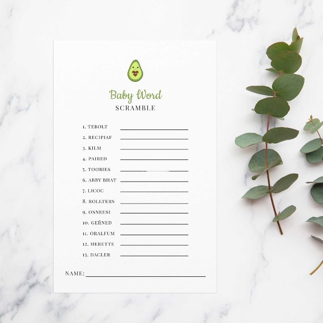 Papier Kawaii Avocado Baby shower Jeu Word Scramble (Créateur téléchargé)