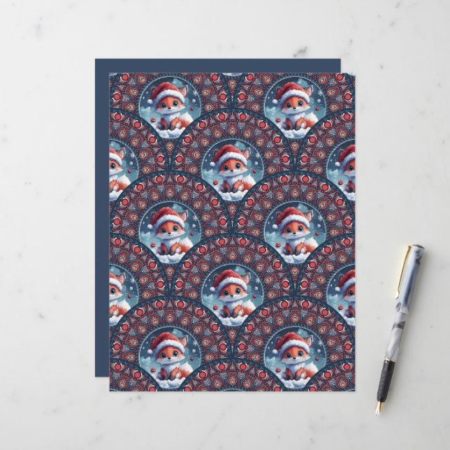 Papier Kawaii Christmas Fox Art Déco Dot Mandala Scallops (Devant/Arrière en situation)