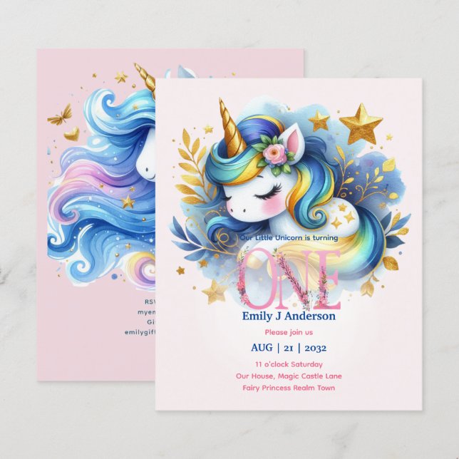 Papier Kawaii Unicorn 1er anniversaire Fairytale Annivers (Devant / Derrière)
