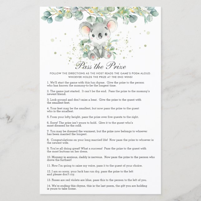 Papier Koala Greenery Baby Shower Pass the Prize  (Devant)