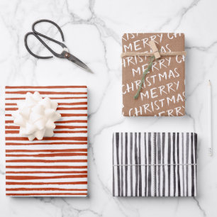 Papier Kraft blanc "Joyeux Noël" et rayures