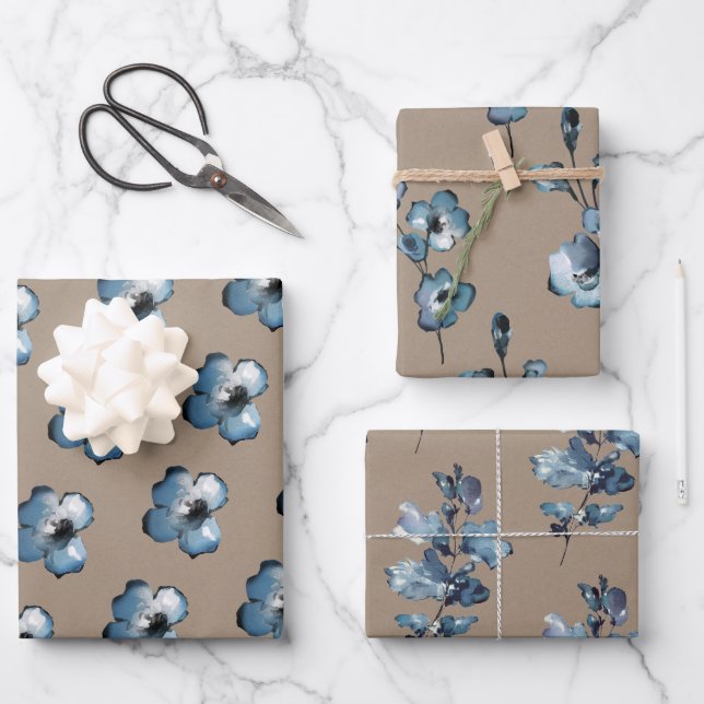 Papier Kraft Rustique Pétales à fleurs bleu poussi (Recto)