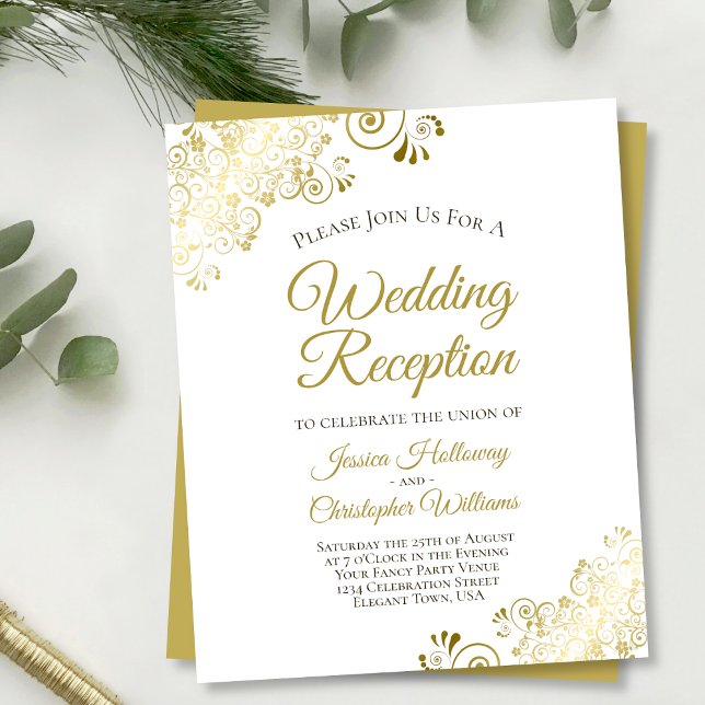 Papier Lacy Gold Budget White Wedding Invitation de récep (Créateur téléchargé)