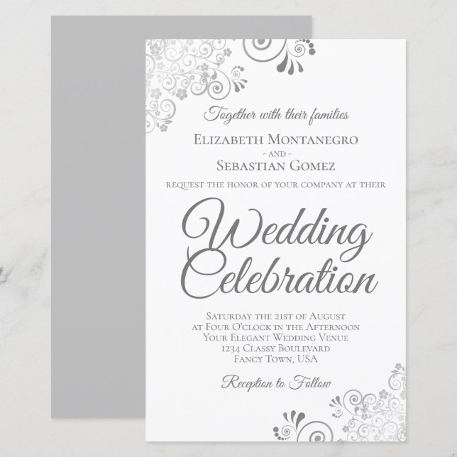 Papier Lacy Silver & White BUDGET Mariage Inviter Grand (Devant / Derrière)