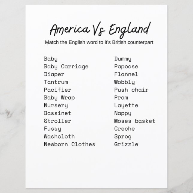 Papier L'Amérique contre l'Angleterre Baby shower Game (Devant)