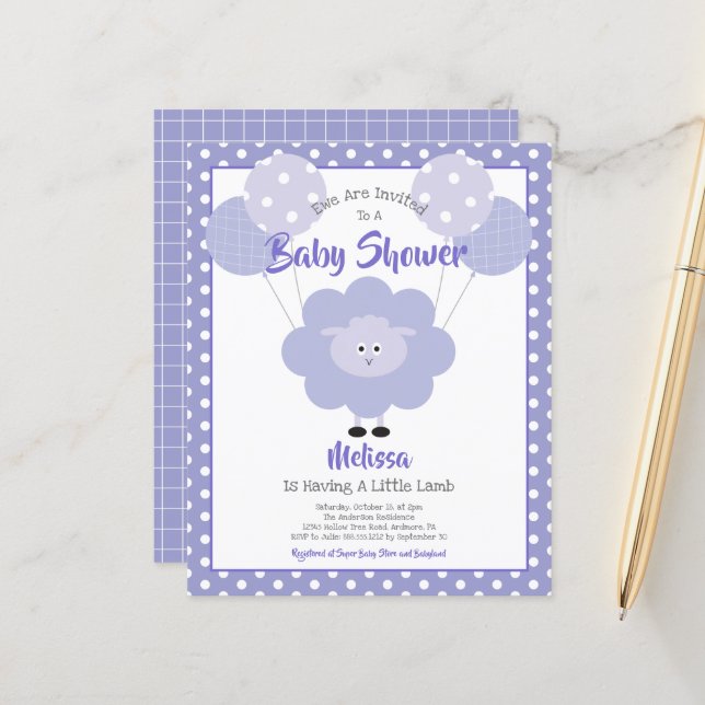 Papier Lampe violette Budget Baby shower mignon Invitatio (Devant/Arrière en situation)