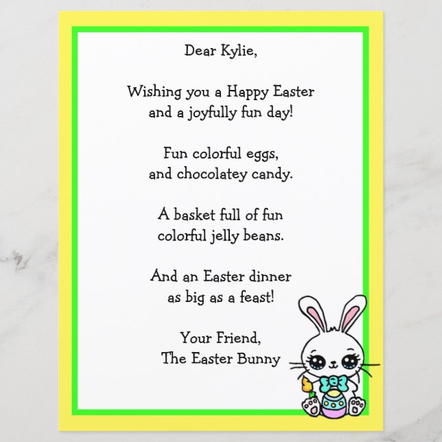 Papier Lapin de Pâques et poème Jeu aux lettres de l'enfa (Devant)