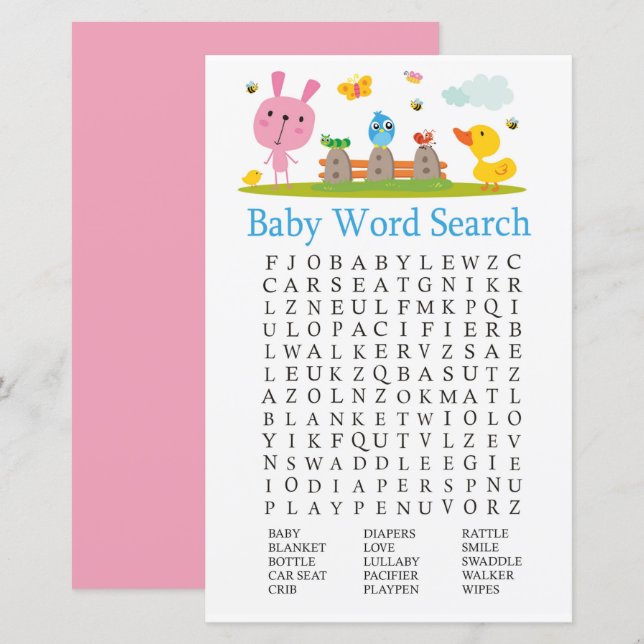 Papier Lapin rose amusant Baby mot scramble jeu (Devant / Derrière)