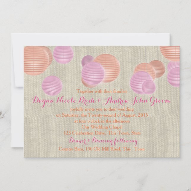 Papier Laternen Korallenrosa Rustikale Hochzeit Einladung (Vorderseite)
