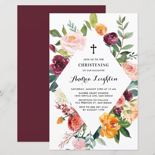 Papier L'automne fleurit Cadre Floral Christening Invitat (Devant / Derrière)