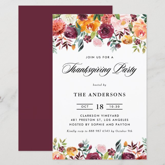 Papier L'automne fleurit Floral Thanksgiving Party Invita (Devant / Derrière)