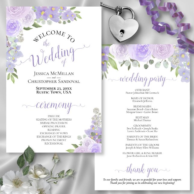 Papier Lavande Purple Boho Floral Budget Wedding Programm (In Situ Front and Back)