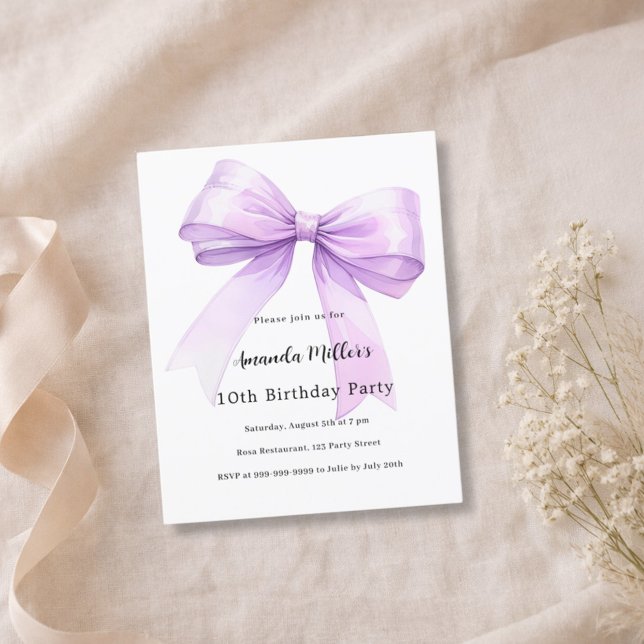 Papier Lavender bow coquette girl birthday invitation (Créateur téléchargé)