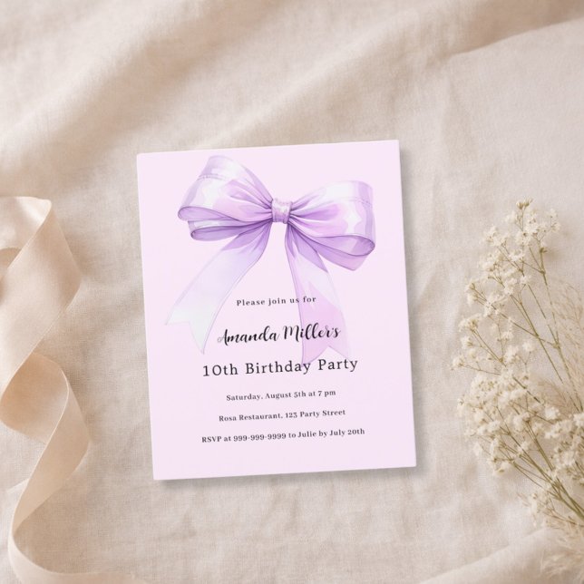 Papier Lavender bow pink coquette birthday invitation (Créateur téléchargé)