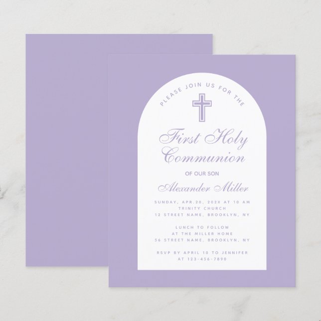 Papier Lavender Boy First Communion Budget Invitation (Devant / Derrière)