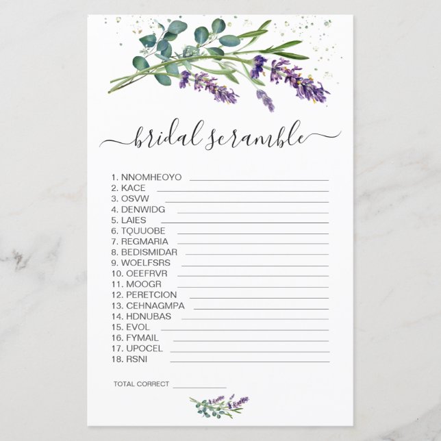 Papier Lavender Eucalypt Word Scramble Fête des mariées J (Devant)