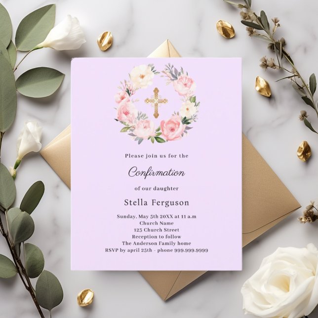 Papier Lavender florals cross Confirmation invitation (Créateur téléchargé)