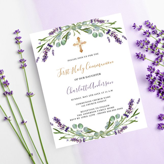 Papier Lavender floraux budget Première communion invitat (Créateur téléchargé)