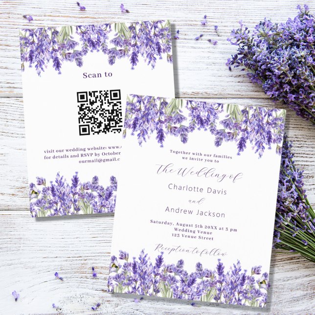 Papier Lavender QR RSVP détaille le faire-part de mariage (Créateur téléchargé)