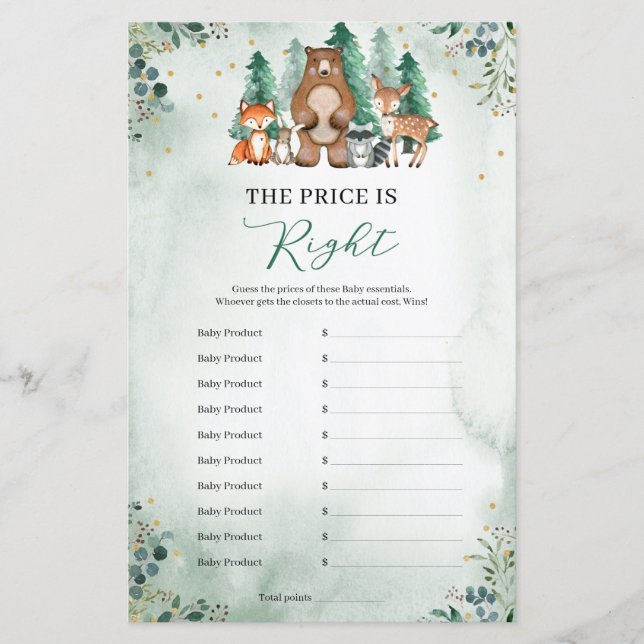 Papier Le prix est bon jeu de Baby shower bois vert (Devant)