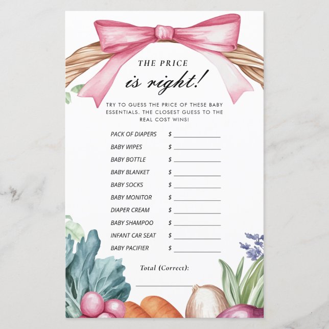 Papier Le prix est juste le jeu de Baby shower cultivé lo (Devant)