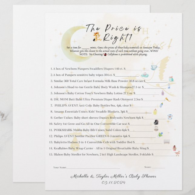 Papier Le prix est le bon jeu de Baby shower, c'est des j (Devant / Derrière)
