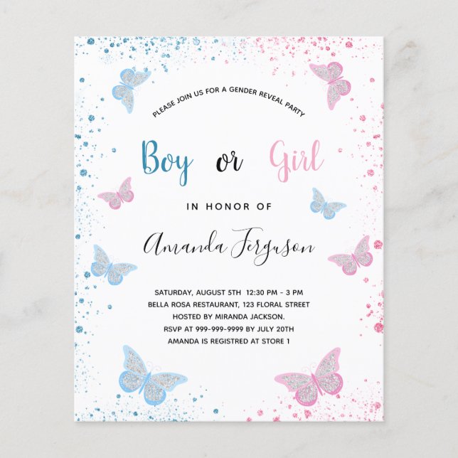 Papier Le sexe du budget révèle les papillons baby shower (Devant)