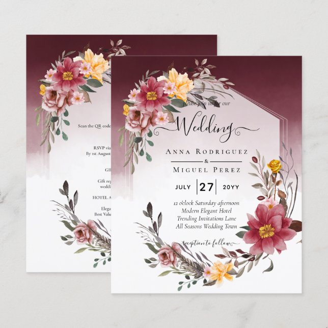 Papier LeahG Bourgogne Jaune Mariage Floral Invitation (Devant / Derrière)