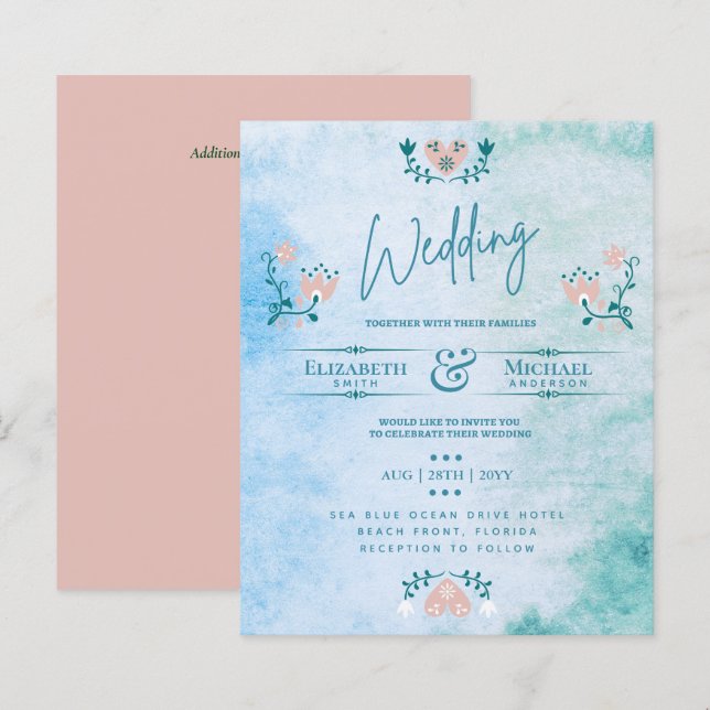 Papier LeahG BUDGET Mariage Inviter Folk Art Peach Turquo (Devant / Derrière)