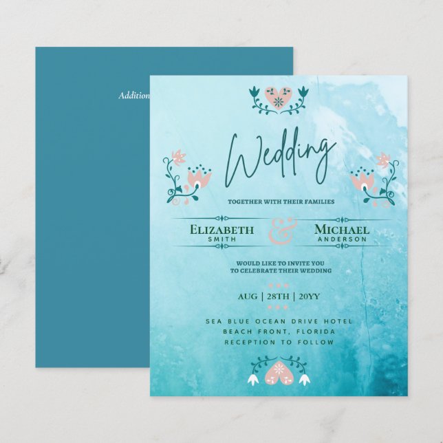 Papier LeahG BUDGET Mariage Inviter Folk Art Turquoise ro (Devant / Derrière)