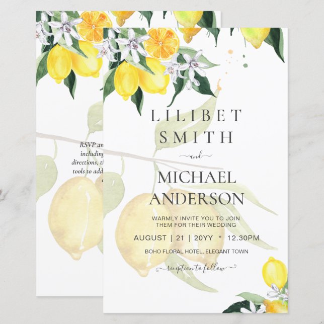 Papier LeahG Citrus Lemons Budget Mariage Inviter Jaune (Devant / Derrière)