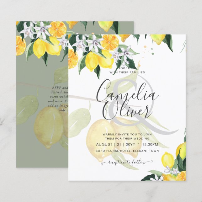 Papier LeahG Citrus Lemons Budget Mariage Inviter Jaune (Devant / Derrière)