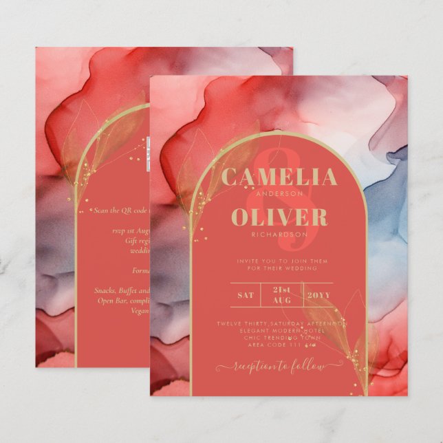 Papier LeahG Coral Navy Blue Gold INK Wedding INVITE (Devant / Derrière)