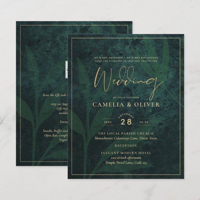 Papier LeahG Emerald Forest Green Gold Wedding Invitation (Devant / Derrière)