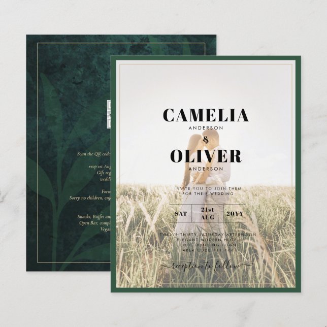 Papier LeahG Emerald Green Photo Overlay Mariage Inviter (Devant / Derrière)