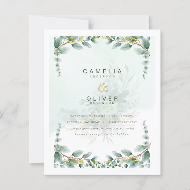 Papier LeahG Green Eucalyptus Gold Wedding Inviter QR C (Devant)