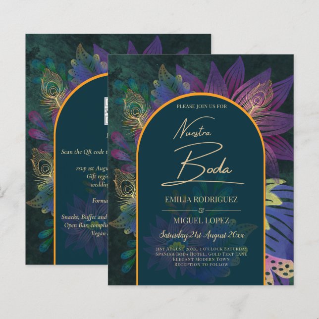 Papier LeahG Green Purple Gold JEWEL TONES Mariage INVITE (Devant / Derrière)
