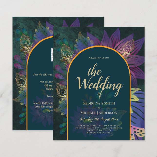 Papier LeahG Green Purple Gold JEWEL TONES Mariage INVITE (Devant / Derrière)